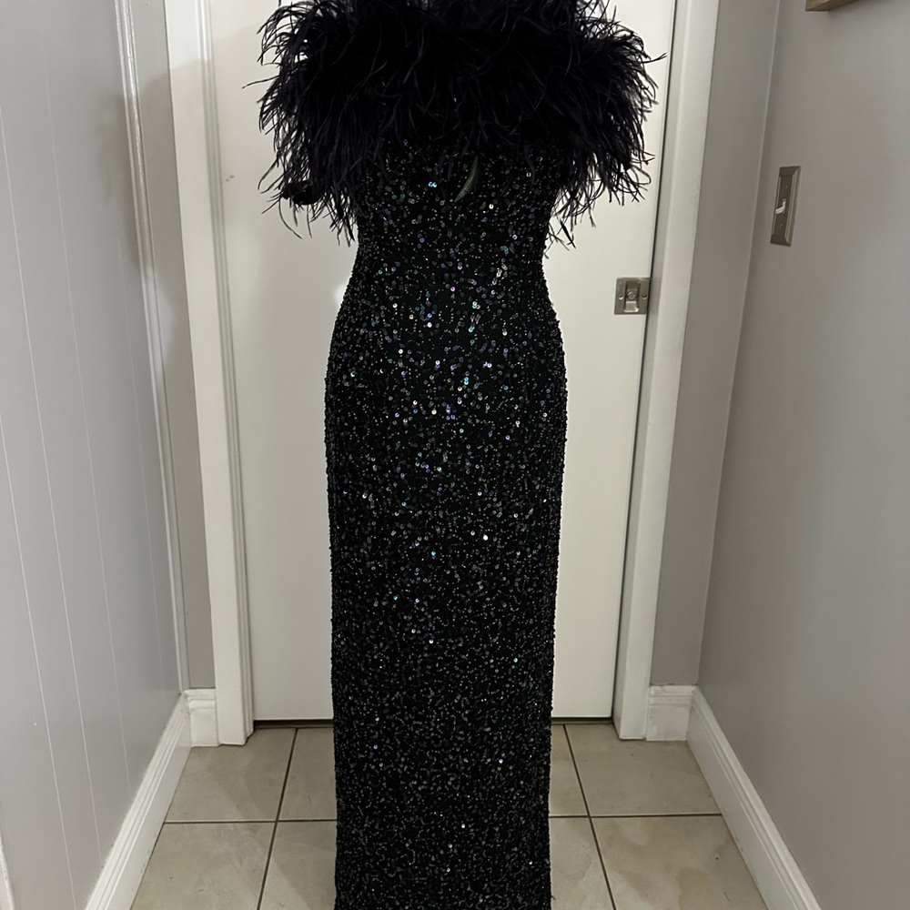 Scala Black Sequin Dress with Feather Accent